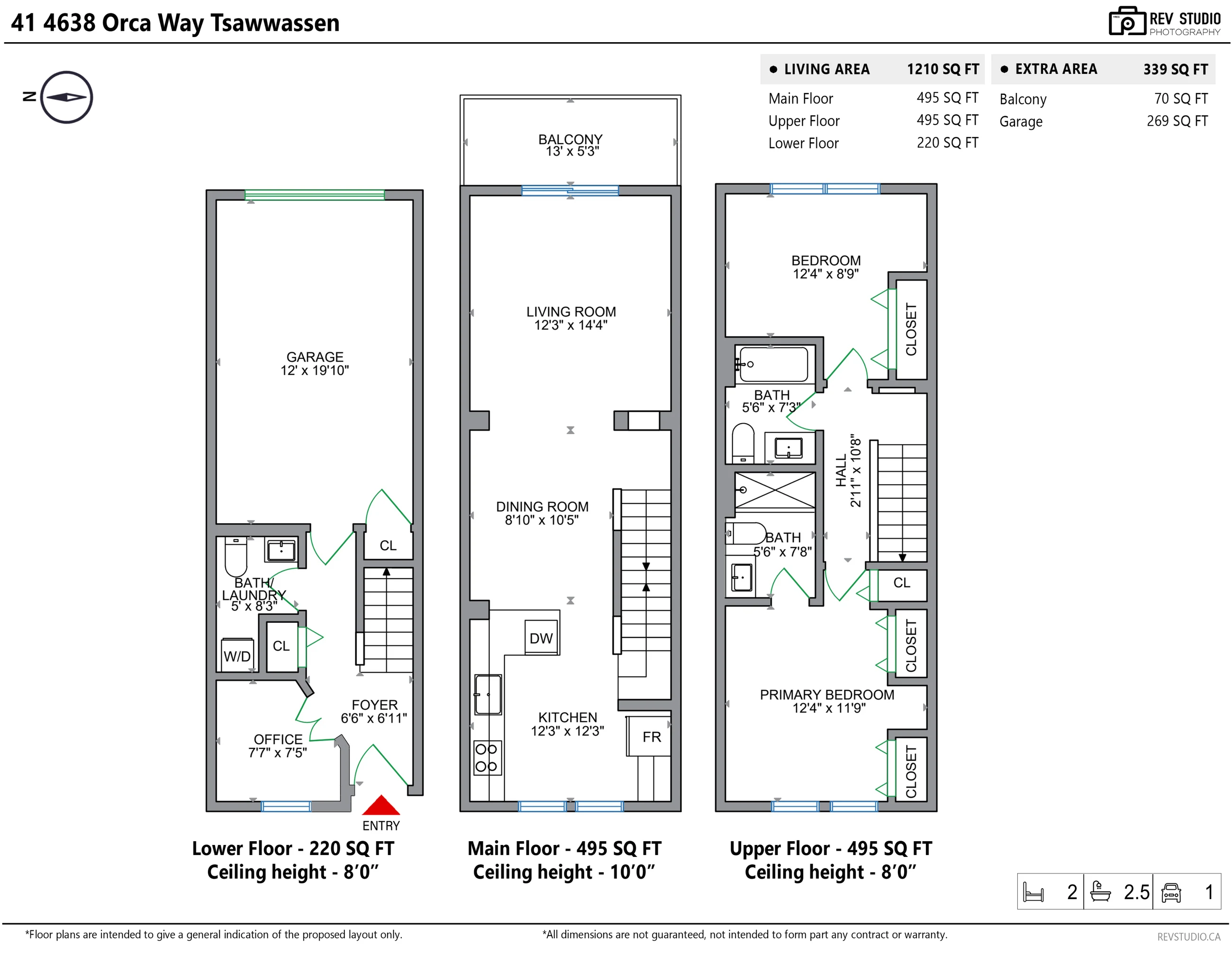 Floor plan of 41-4638 Orca Way: the ground floor with the garage, the powder room and laundry, the office and the foyer; the main floor with the living room, the dining room, the kitchen and the balcony; the upper floor with the primary bedroom and its bathroom, a second bedroom, the main bathroom and the hall