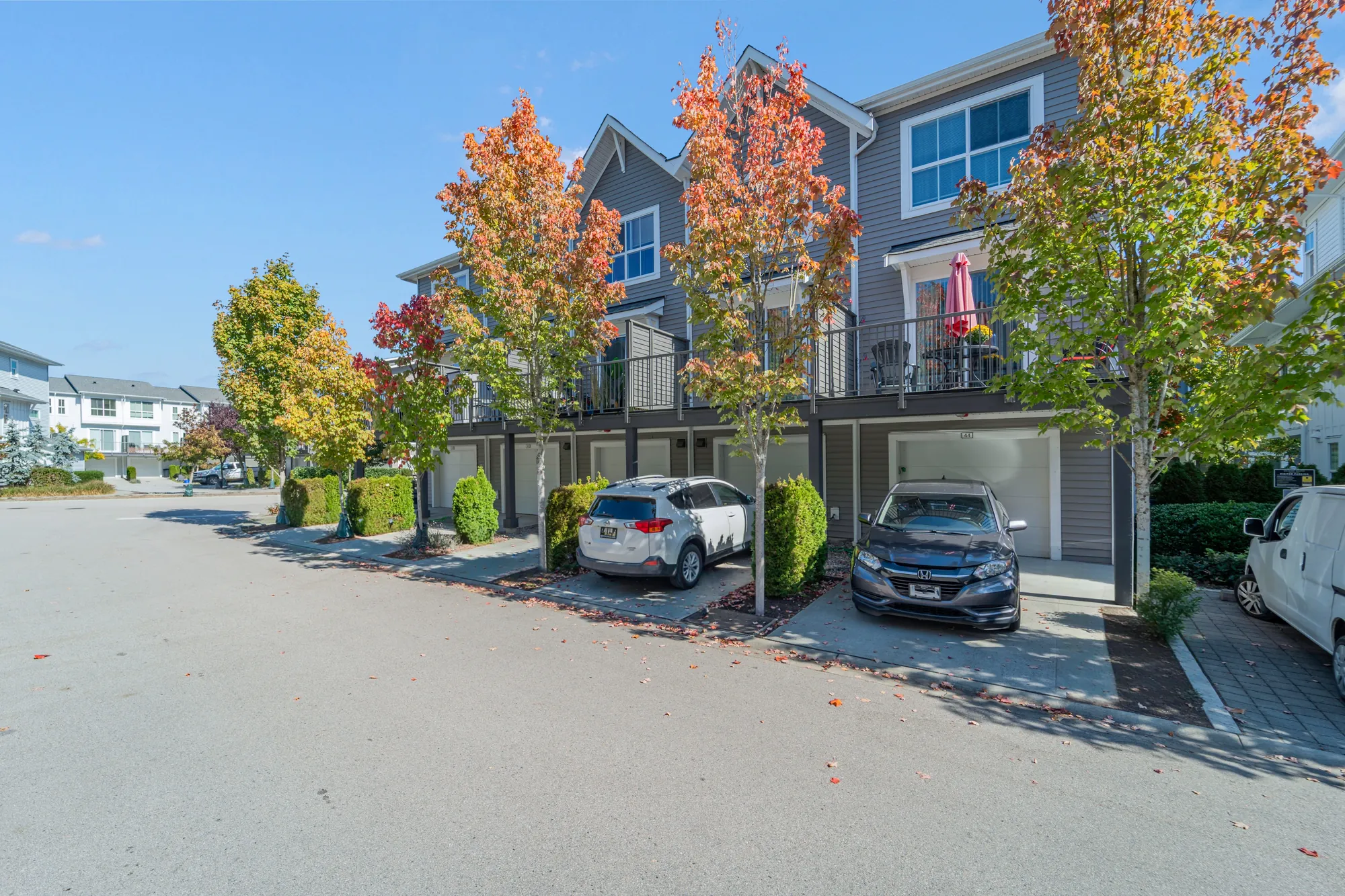 Along the lane: the row's balconies and garages, maples, parked cars