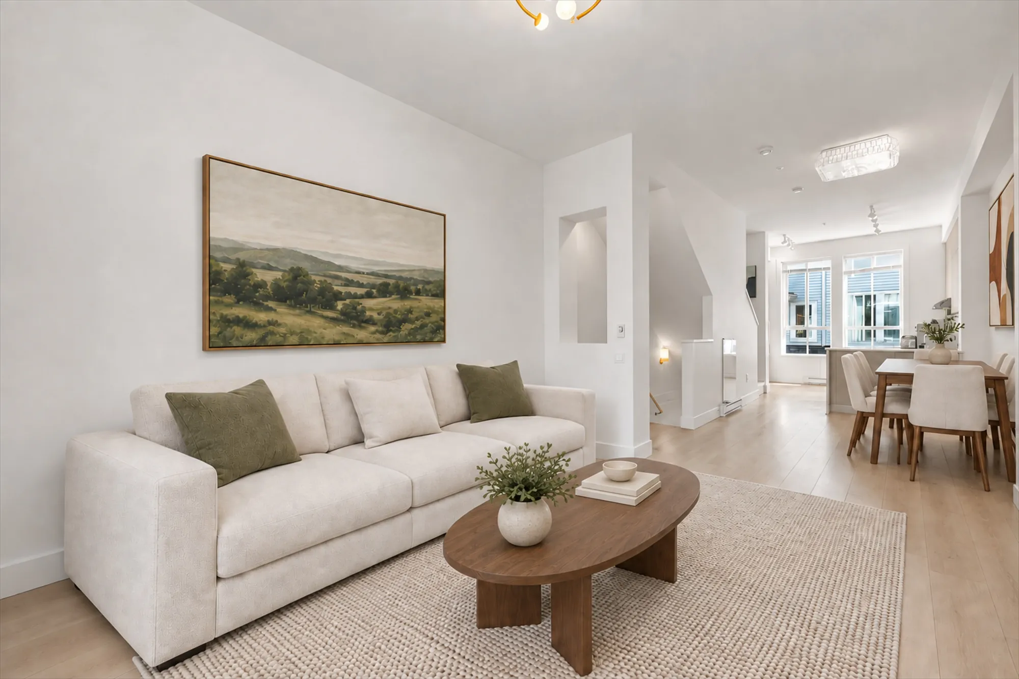 The living room virtually staged, looking through the dining area to the kitchen: a cream sofa with cushions, an oval wood coffee table on a jute rug, a landscape painting and a plant; a wood table with cream chairs in the dining area beyond